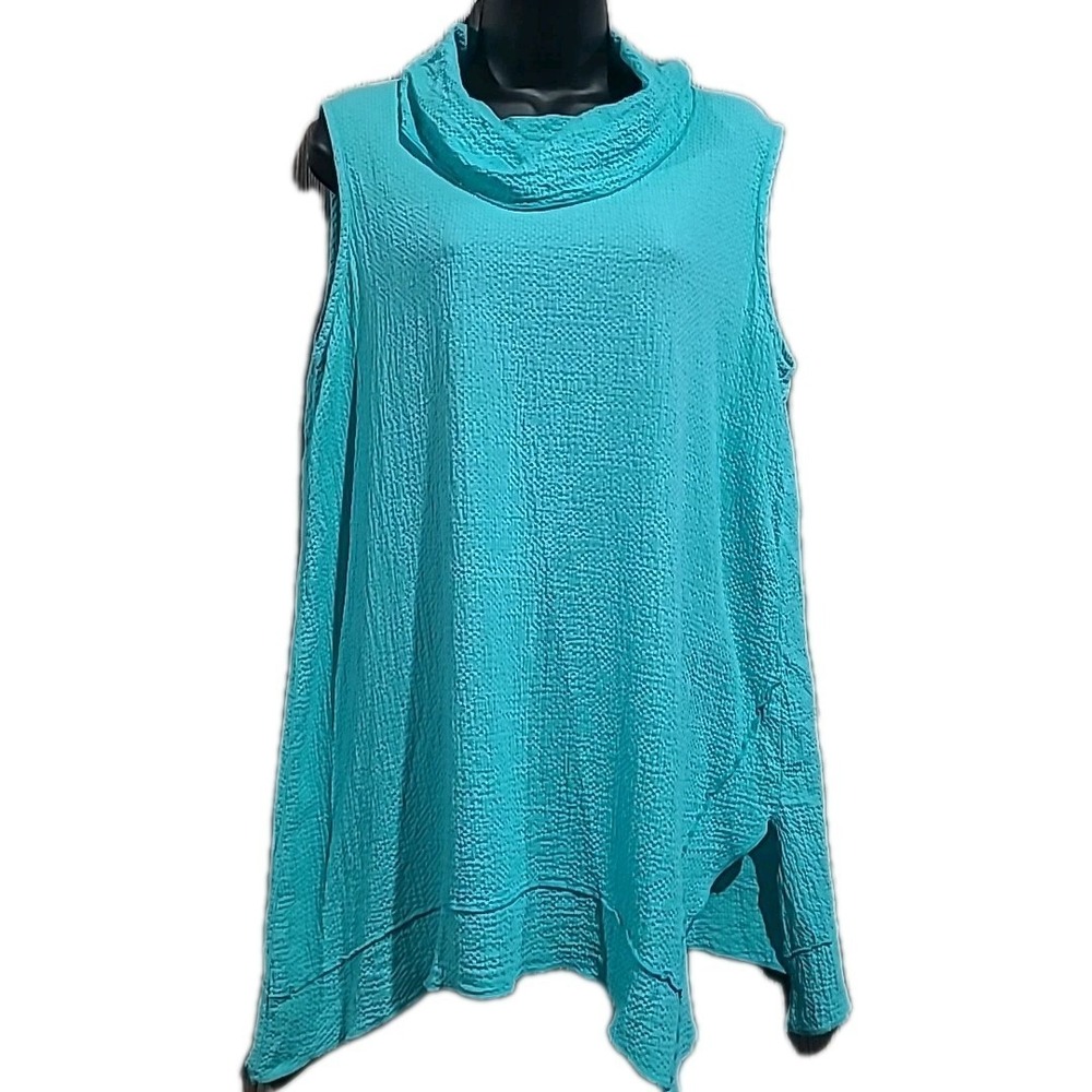 Focus Seersucker Cowl Neck Tunic Sz M Bright Turquoise Sleeveless Asymmetric Hem